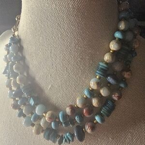 NWT FREE PEOPLE LAYERED NECKLACE WITH  BLUE GLASS BEADS .. AJUSTABLE